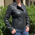 Women's Lamb Leather Biker Look Jacket with Asymmetrical Collar and Stitched Shoulders