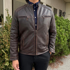 Men's Lamb Leather Jacket. Brown Vintage Style with Zip Pockets