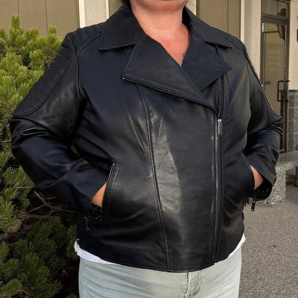 Women's Lamb Leather Biker Style Jacket with Quilted Ribbed Shoulders