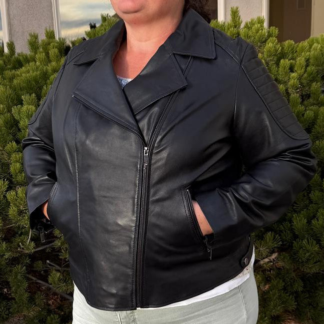 Women's Lamb Leather Biker Style Jacket with Quilted Ribbed Shoulders