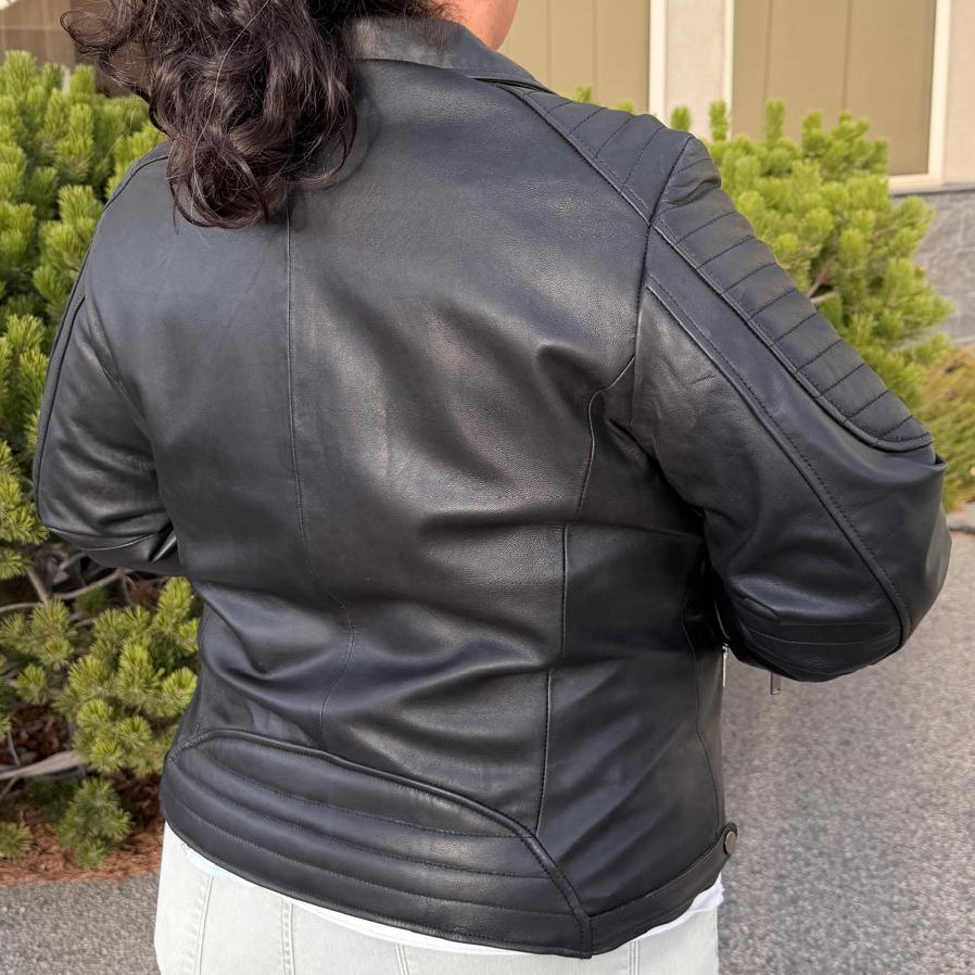 Women's Lamb Leather Biker Style Jacket with Quilted Ribbed Shoulders