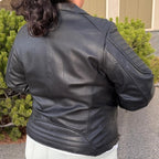 Women's Lamb Leather Biker Style Jacket with Quilted Ribbed Shoulders