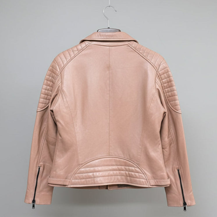 Women's Lamb Leather Biker Style Jacket with Quilted Ribbed Shoulders