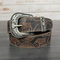 Keldon Men's Western Belt Embossed Leather with Bull Design and Removable Silver Buckle