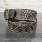 Keldon Men's Western Belt Embossed Leather with Bull Design and Removable Silver Buckle