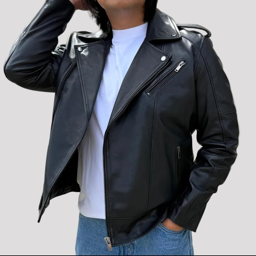 Mens Soft Lamb Leather Biker Look Jacket Premium Black Fashion Coat