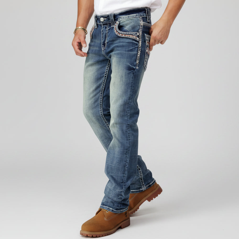 Eagle Warrior Men’s Premium Bootcut Jeans. Tribal Embroidered 7-Pocket Stretch Denim