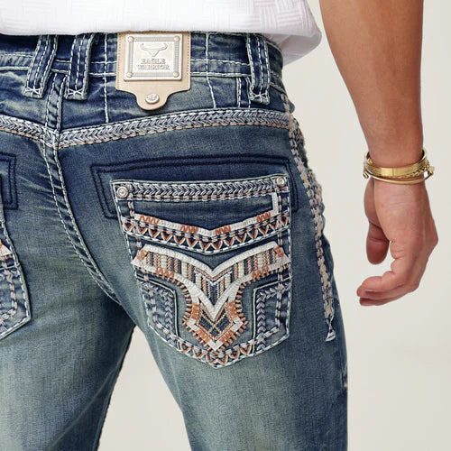 Eagle Warrior Men’s Premium Bootcut Jeans. Tribal Embroidered 7-Pocket Stretch Denim
