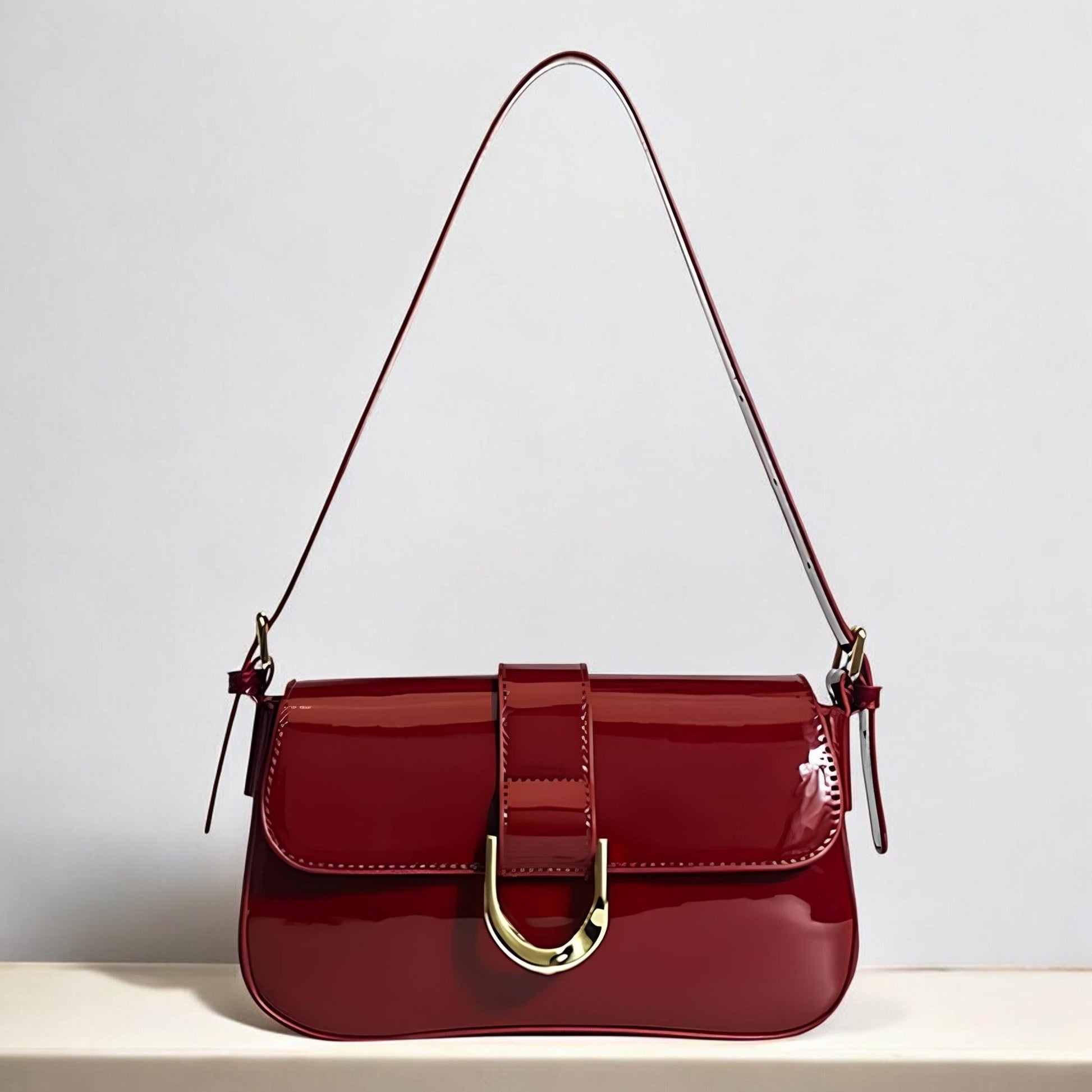 Solea | Vegan Patent PU Leather Baguette Bag – Adjustable Strap & Gold D-Buckle