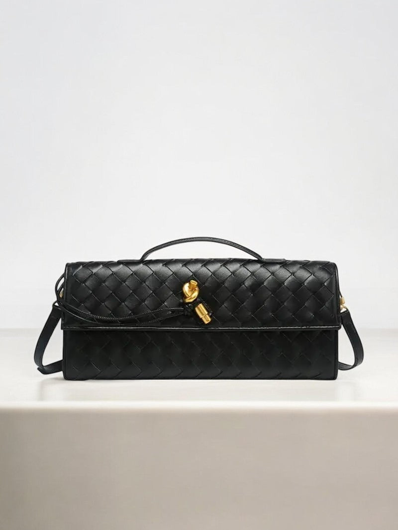 Isla | Black Woven Leather Shoulder Bag – Modern Luxury