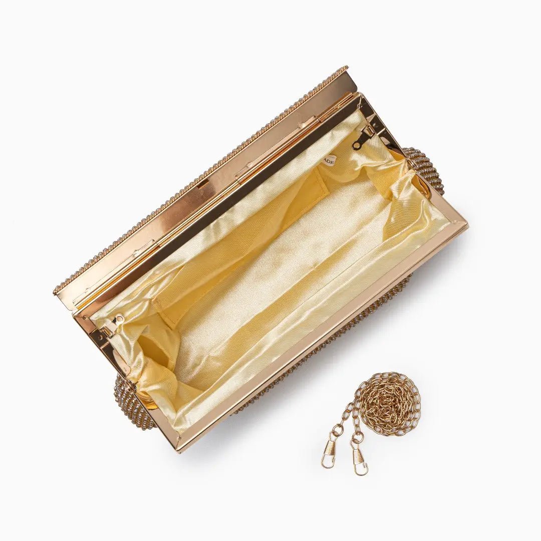 Aurora | Gold Crystal Mesh Evening Clutch – Luxe Radiance