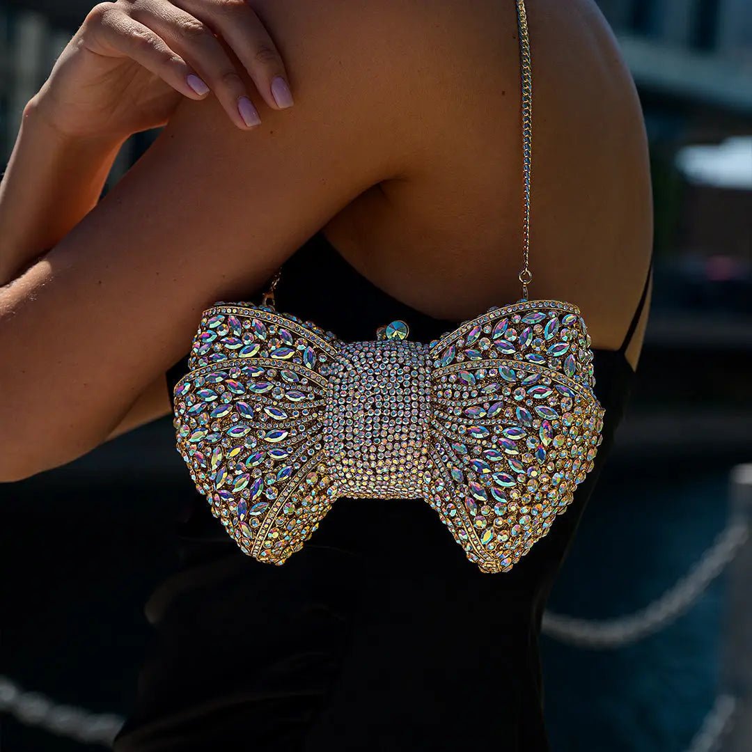 Lumière | Iridescent Crystal Bow Evening Clutch – Radiant Elegance