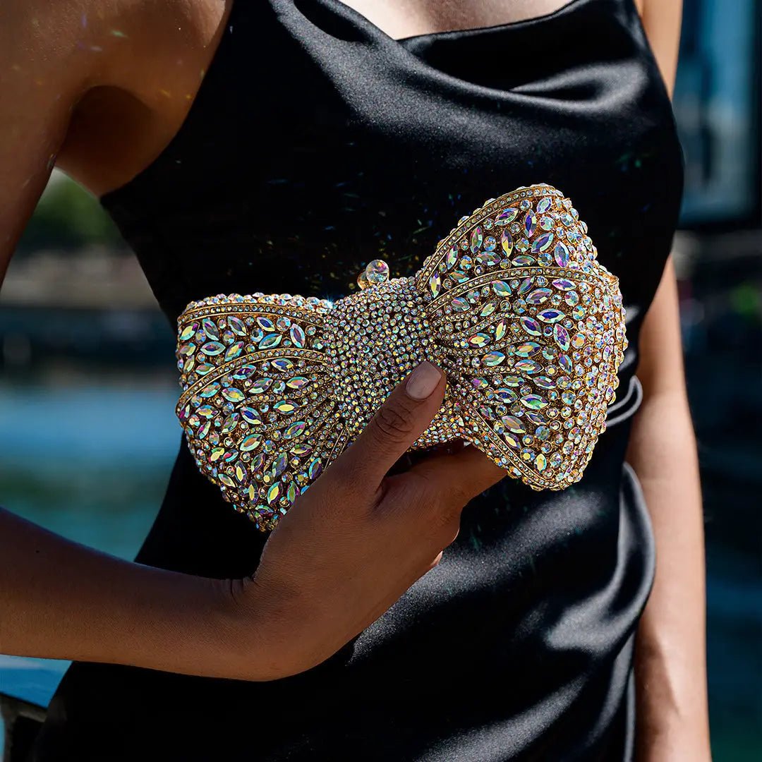 Lumière | Iridescent Crystal Bow Evening Clutch – Radiant Elegance