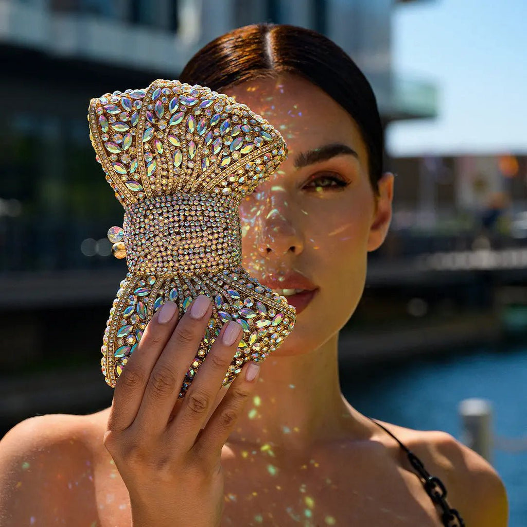 Lumière | Iridescent Crystal Bow Evening Clutch – Radiant Elegance