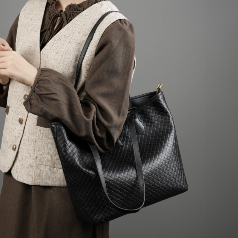 Zyphera | Black Woven Leather Tote Bag – Elegant & Spacious