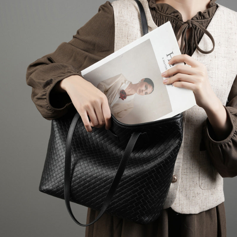 Zyphera | Black Woven Leather Tote Bag – Elegant & Spacious