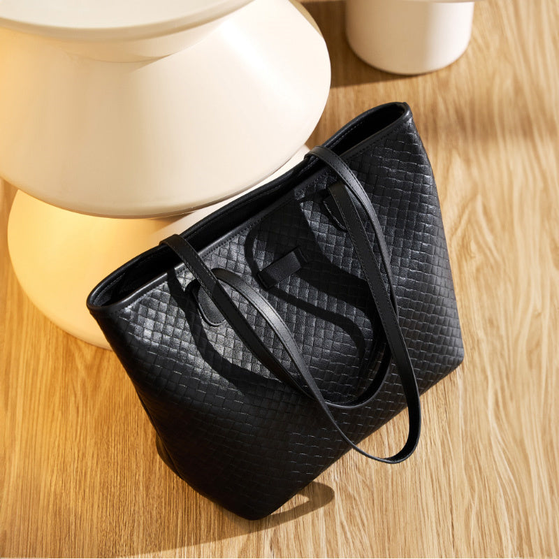 Zyphera | Black Woven Leather Tote Bag – Elegant & Spacious