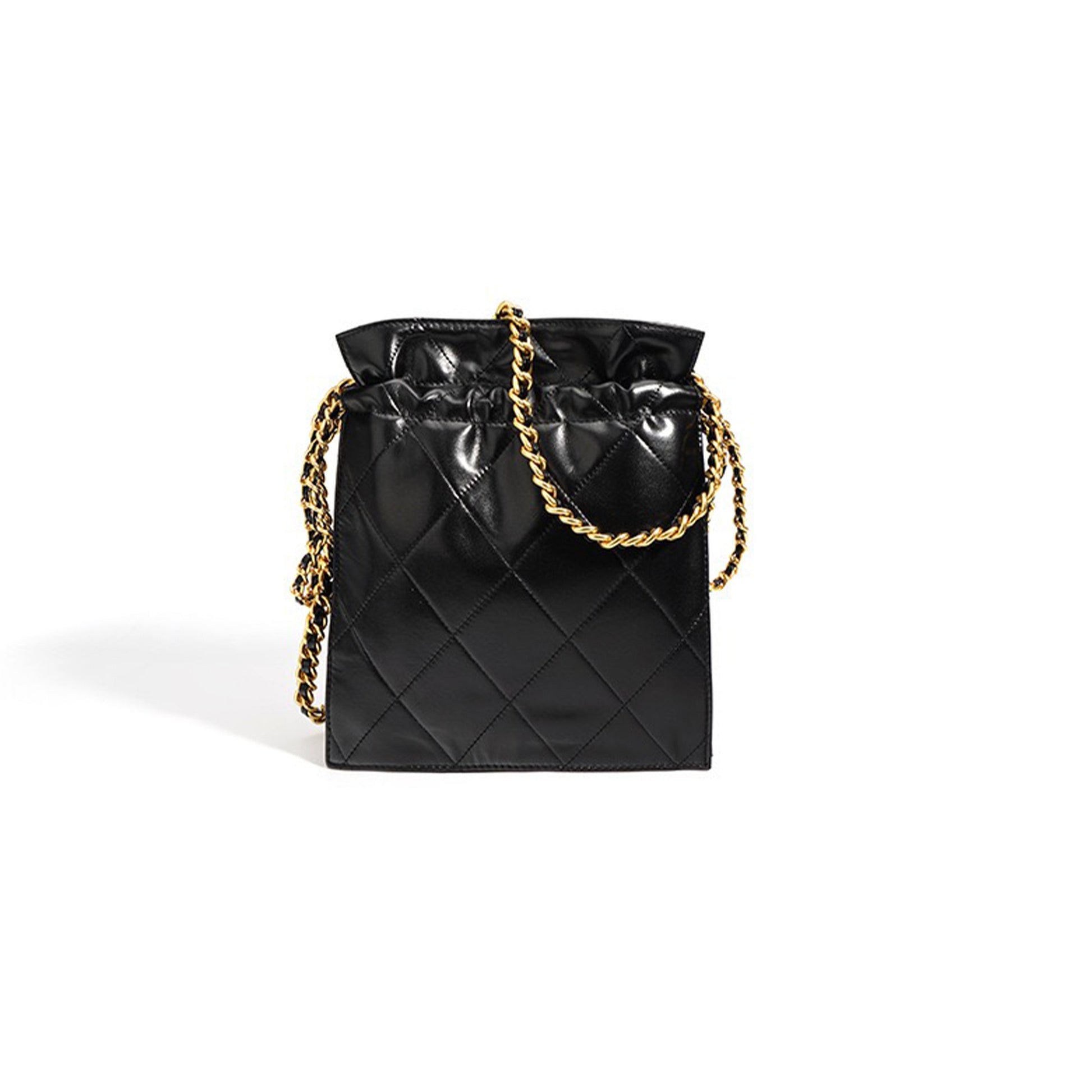 Womens Genuine Leather Quilted Chain Bucket Bag  Chic Crossbody for Daily Style