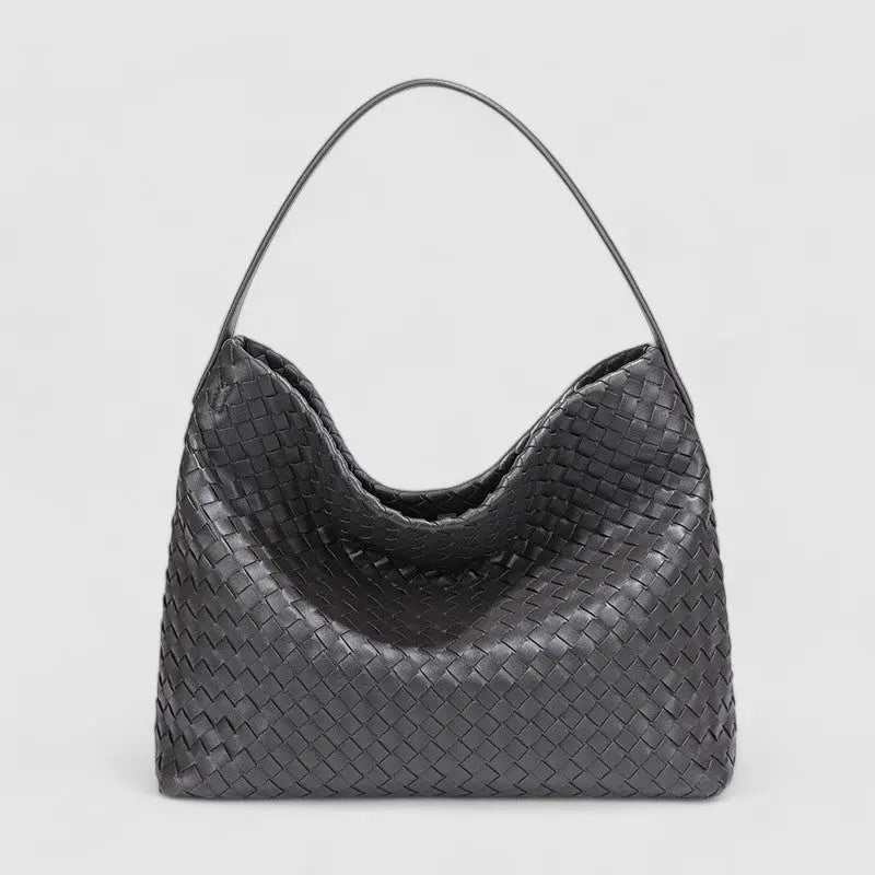 Sorvessa | Black Woven Leather Shoulder Bag – Elegant & Versatile