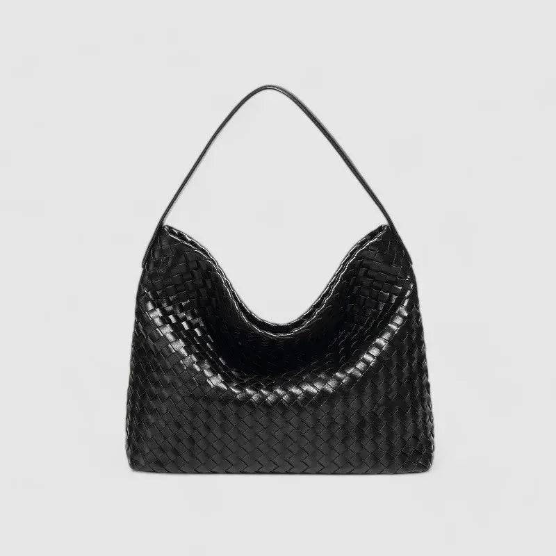 Sorvessa | Black Woven Leather Shoulder Bag – Elegant & Versatile