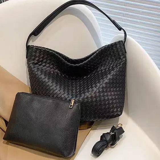 Sorvessa | Black Woven Leather Shoulder Bag – Elegant & Versatile