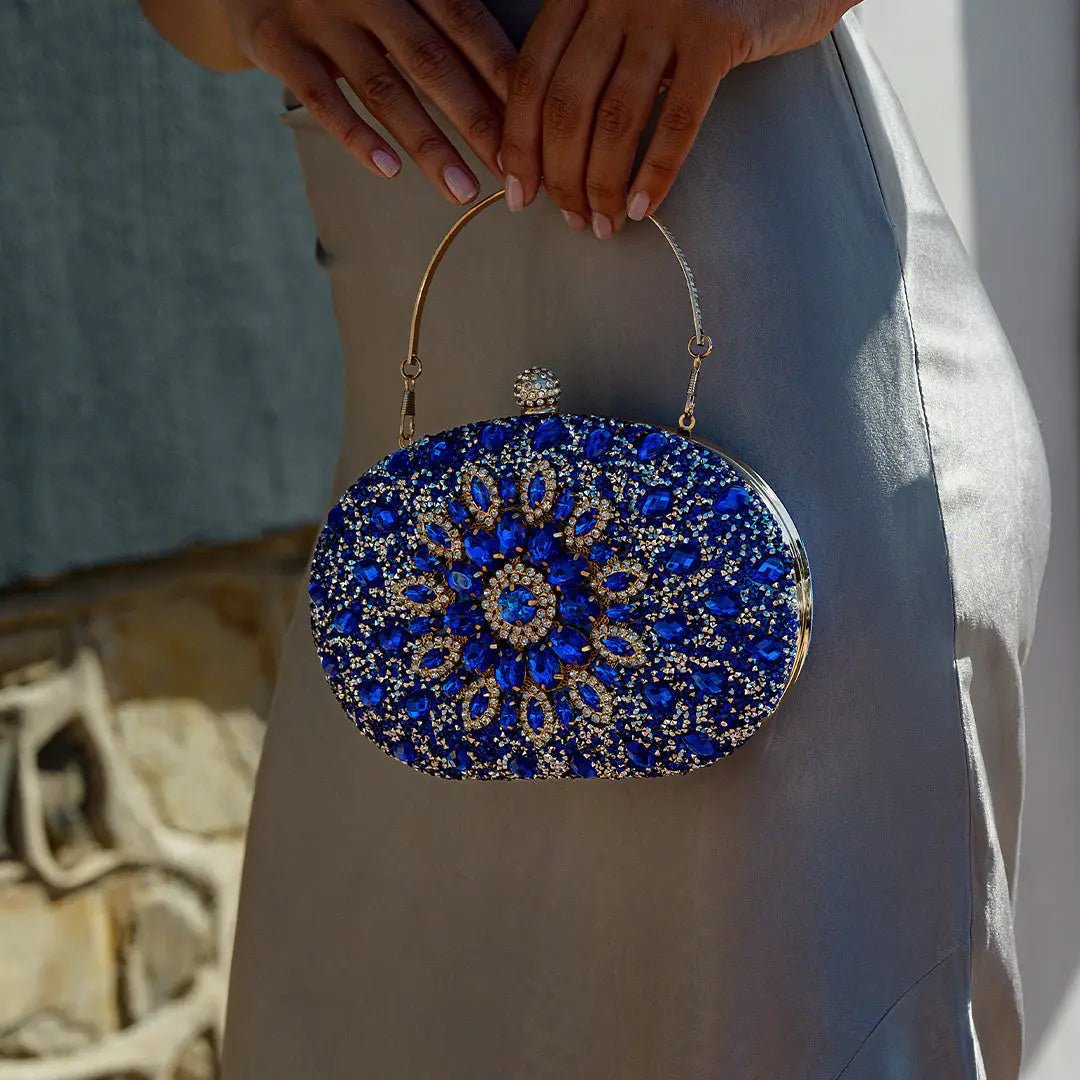 Celeste | Blue Crystal Sunburst Evening Clutch – Royal Radiance