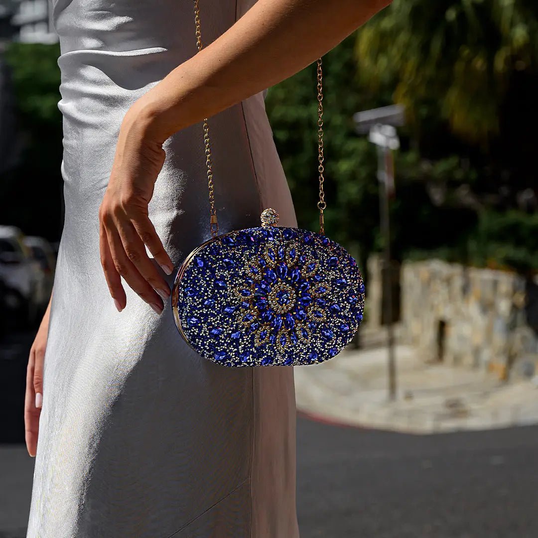 Celeste | Blue Crystal Sunburst Evening Clutch – Royal Radiance