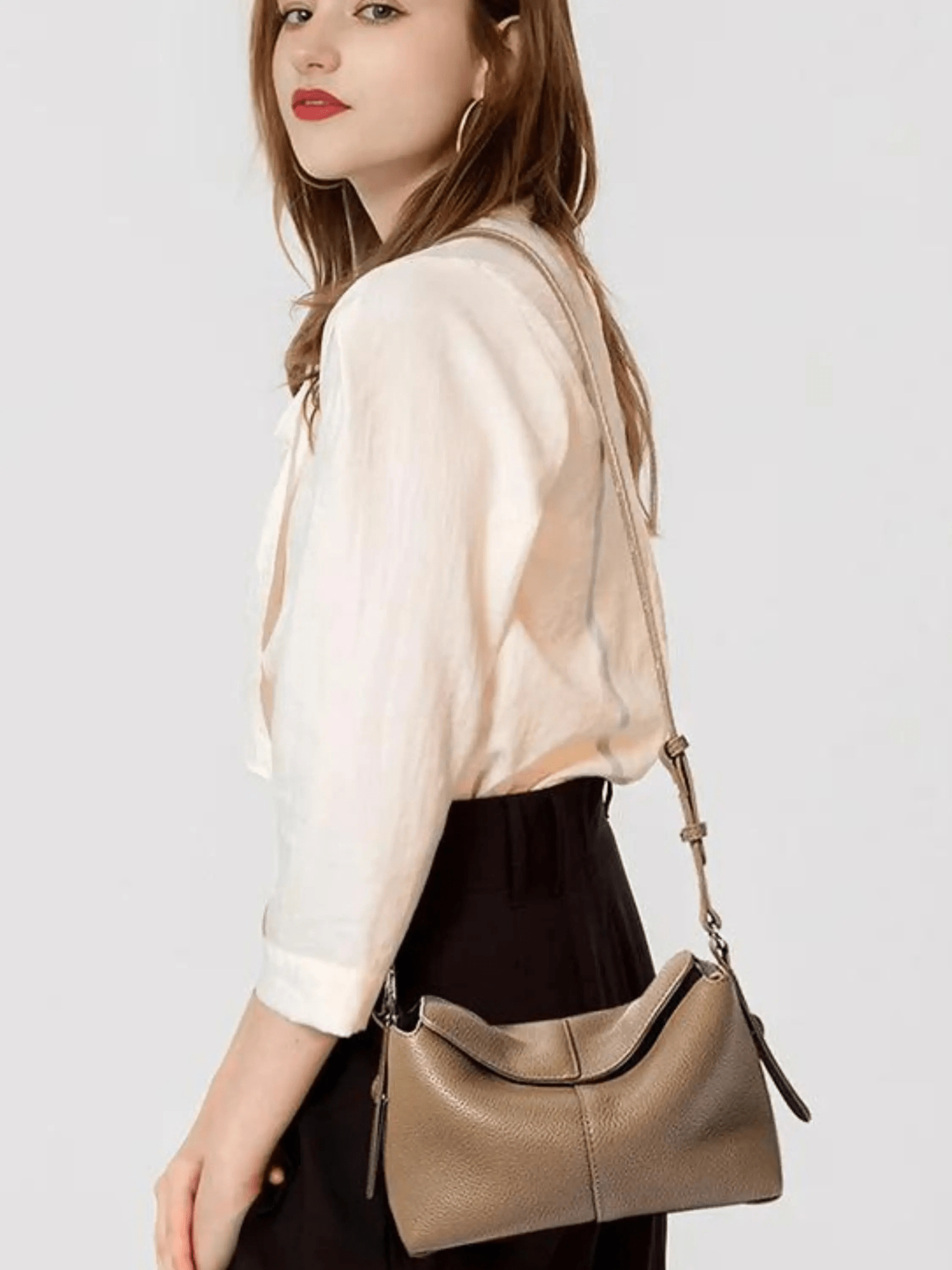 Sophie | Luxe Taupe Leather Shoulder Bag – Effortless & Chic