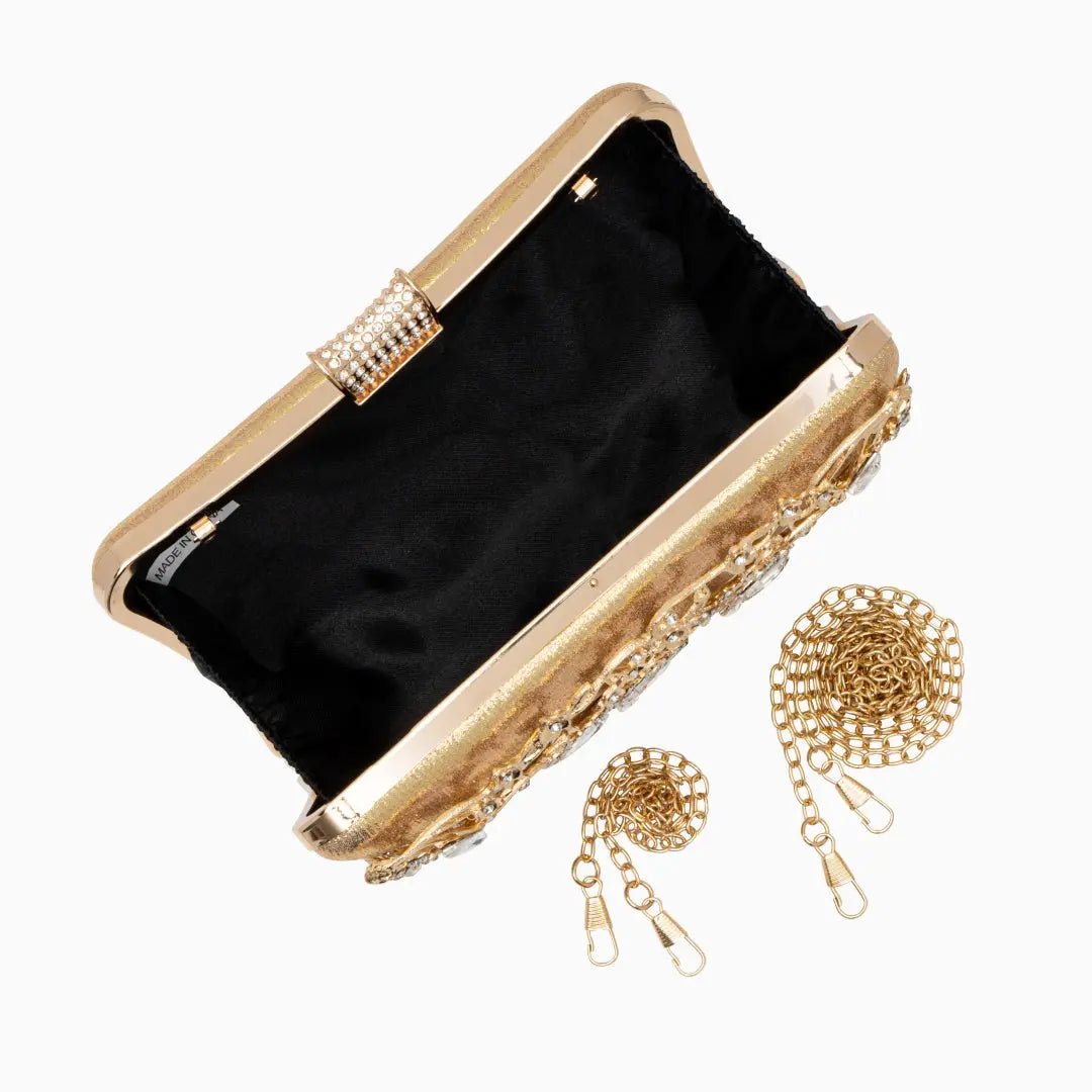 Florence | Gold Floral Crystal Embellished Evening Clutch – Opulent Elegance