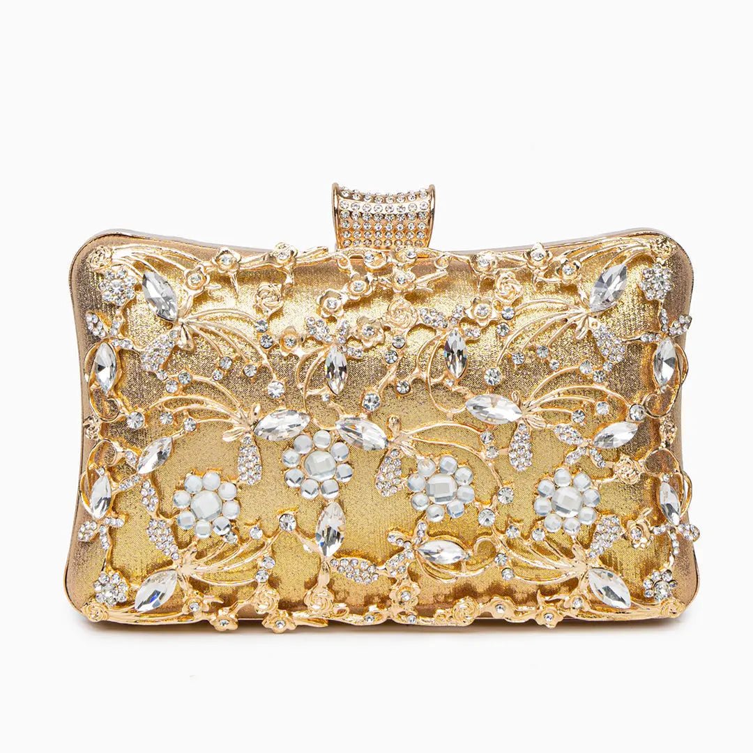 Florence | Gold Floral Crystal Embellished Evening Clutch – Opulent Elegance