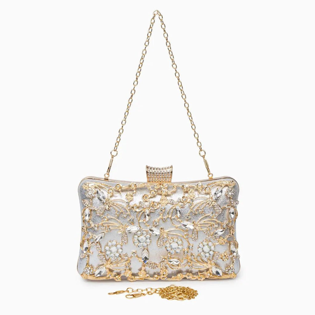 Florence | Gold Floral Crystal Embellished Evening Clutch – Opulent Elegance