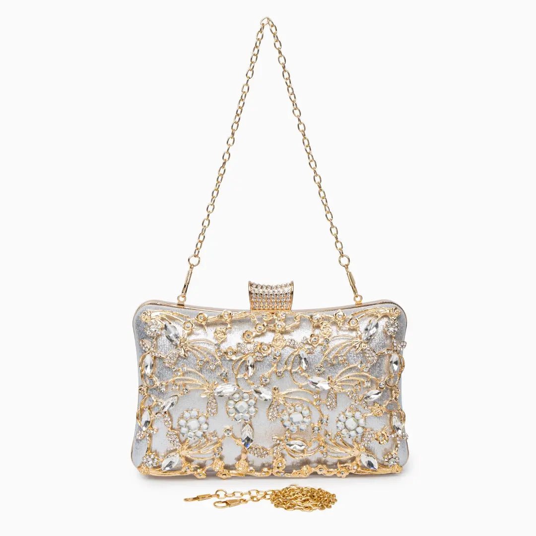 Florence | Gold Floral Crystal Embellished Evening Clutch – Opulent Elegance