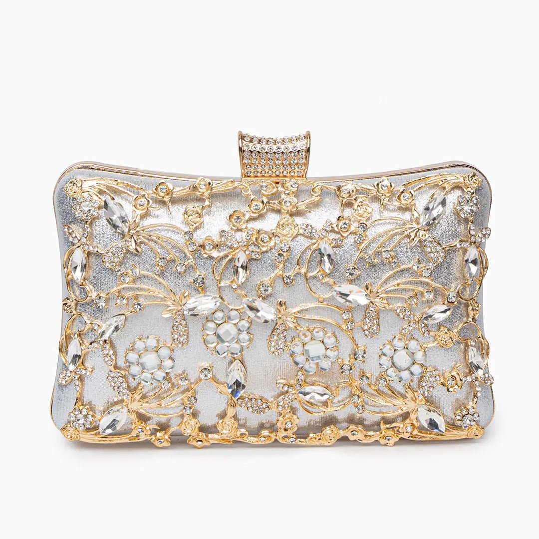 Florence | Gold Floral Crystal Embellished Evening Clutch – Opulent Elegance
