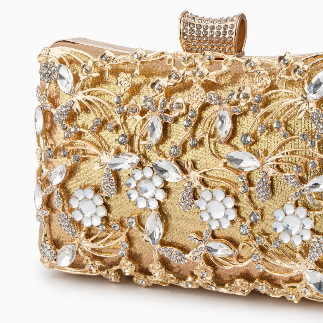 Florence | Gold Floral Crystal Embellished Evening Clutch – Opulent Elegance