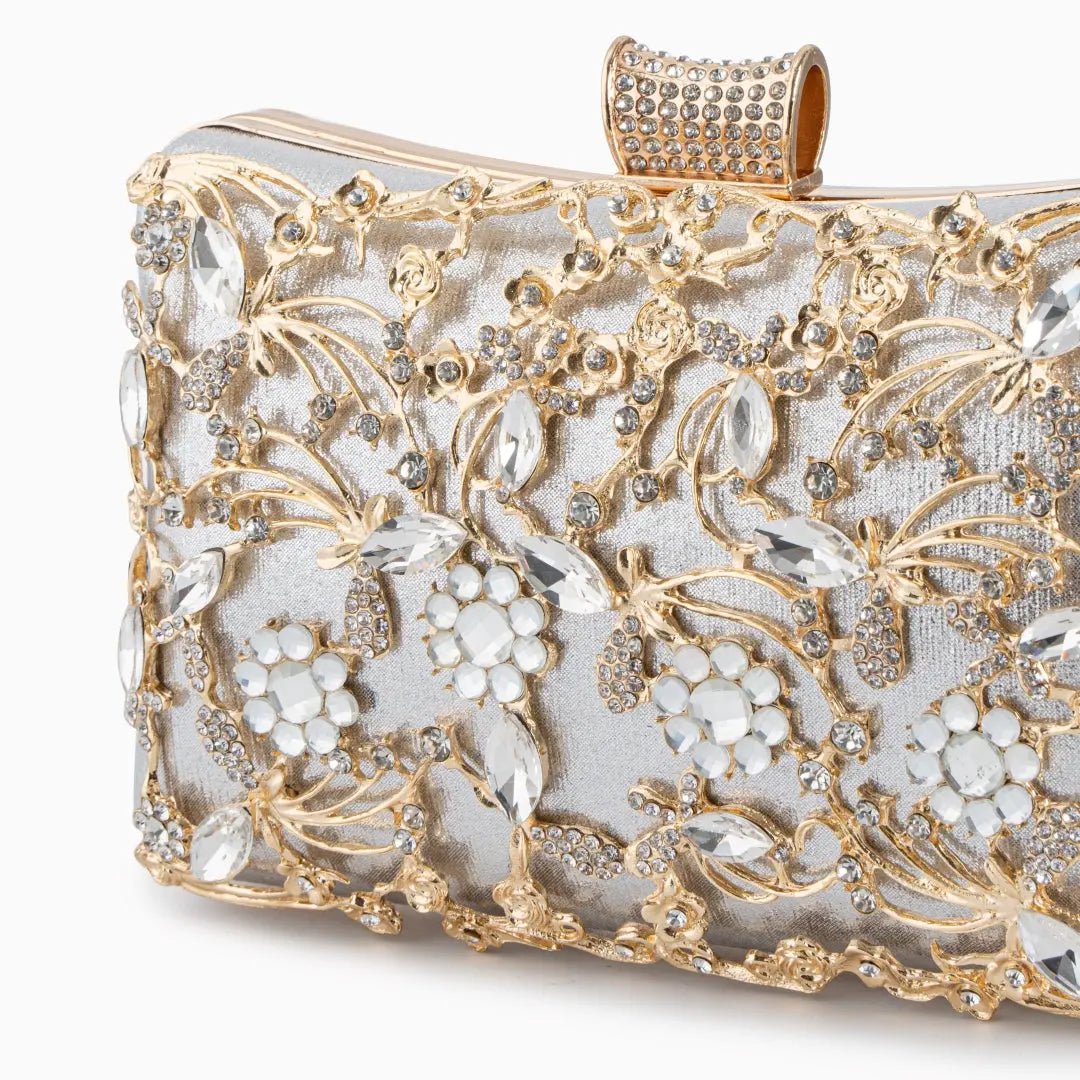 Florence | Gold Floral Crystal Embellished Evening Clutch – Opulent Elegance