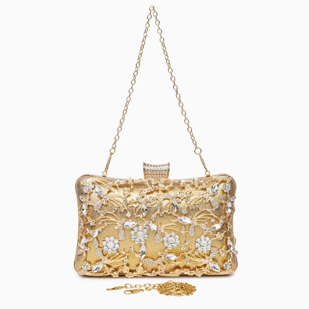 Florence | Gold Floral Crystal Embellished Evening Clutch – Opulent Elegance