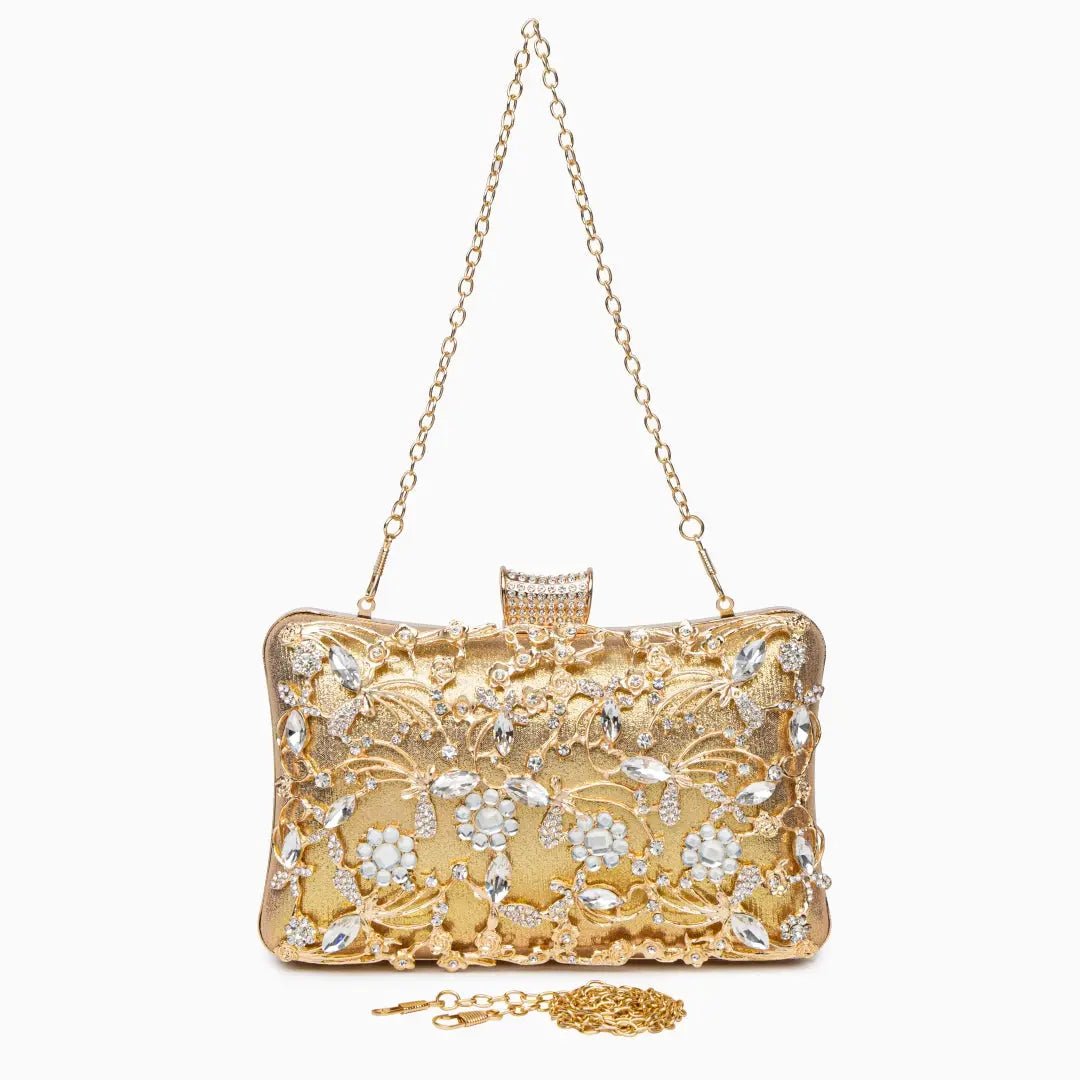Florence | Gold Floral Crystal Embellished Evening Clutch – Opulent Elegance