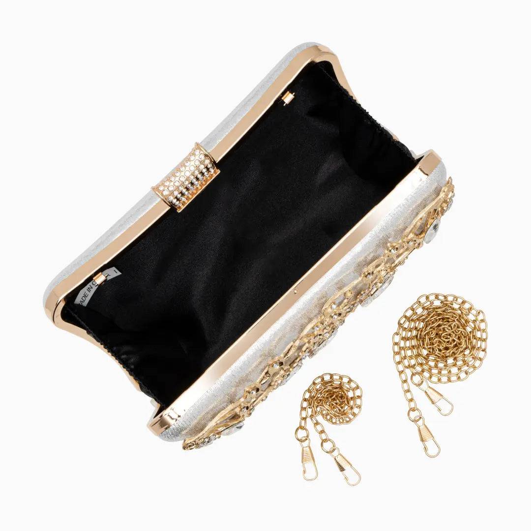 Florence | Gold Floral Crystal Embellished Evening Clutch – Opulent Elegance
