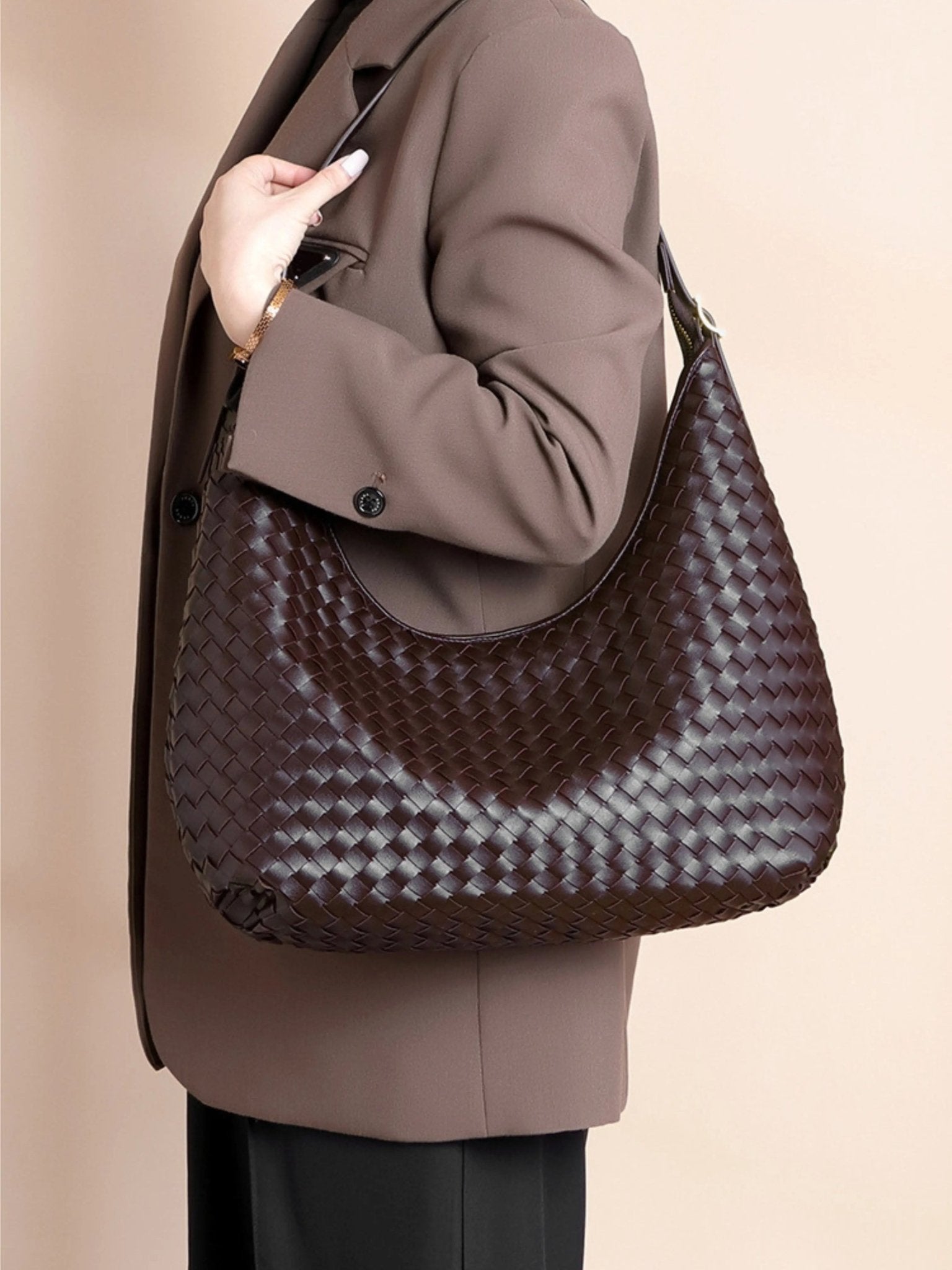 Siena | Brown Woven Leather Shoulder Bag – Sophisticated & Timeless