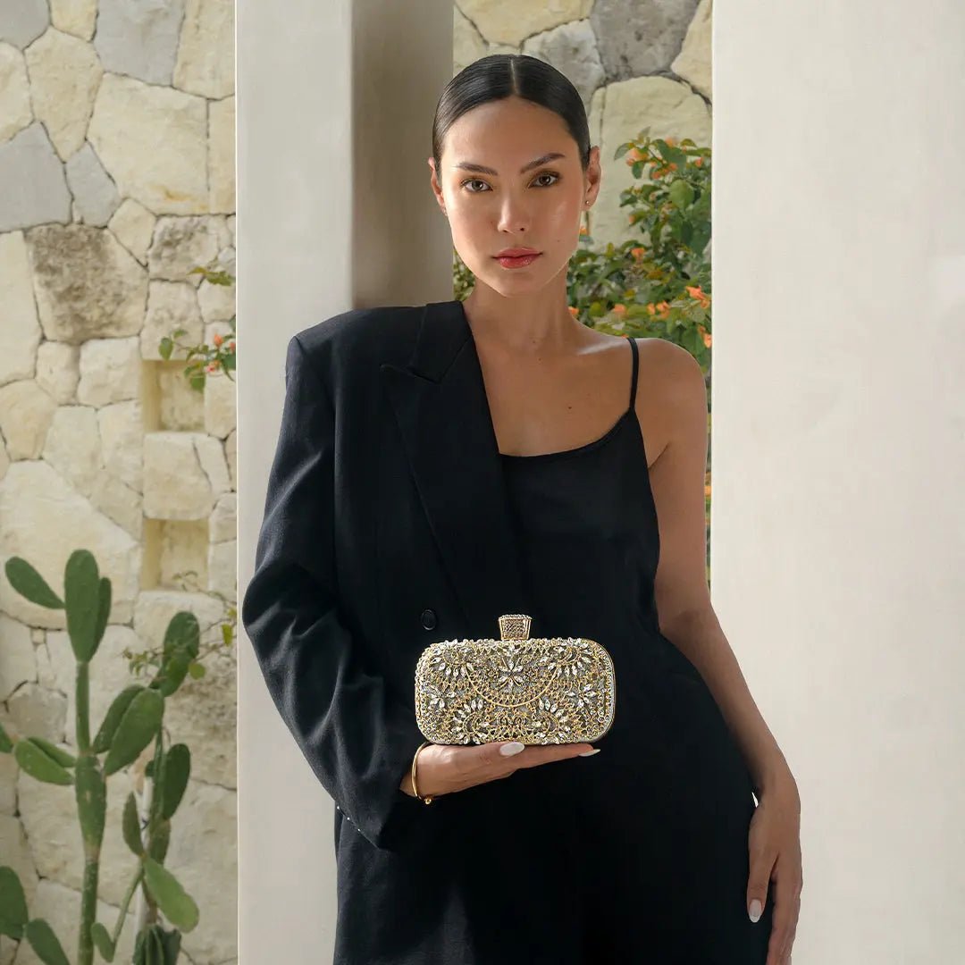 Anastasia | Gold Crystal Embellished Evening Handbag – Royal Elegance