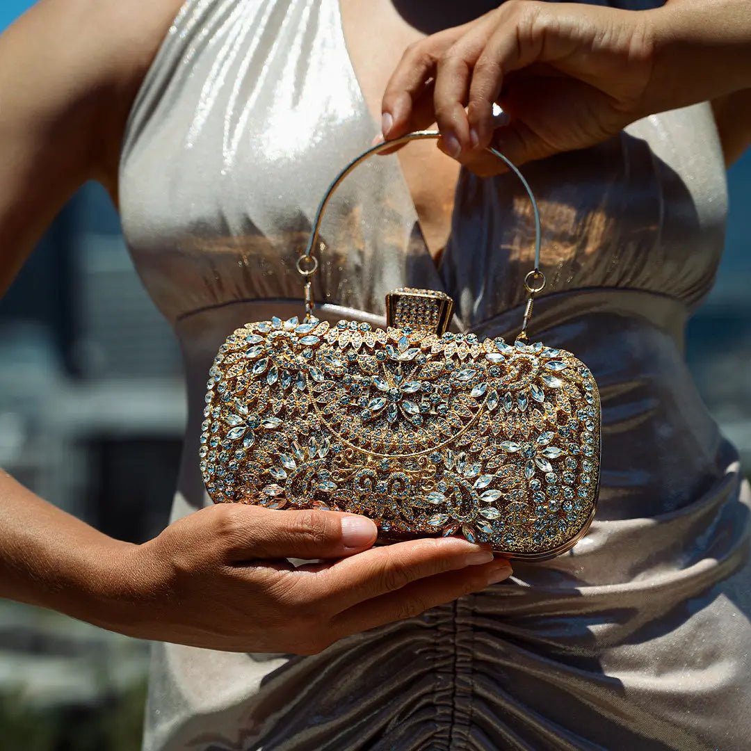Anastasia | Gold Crystal Embellished Evening Handbag – Royal Elegance