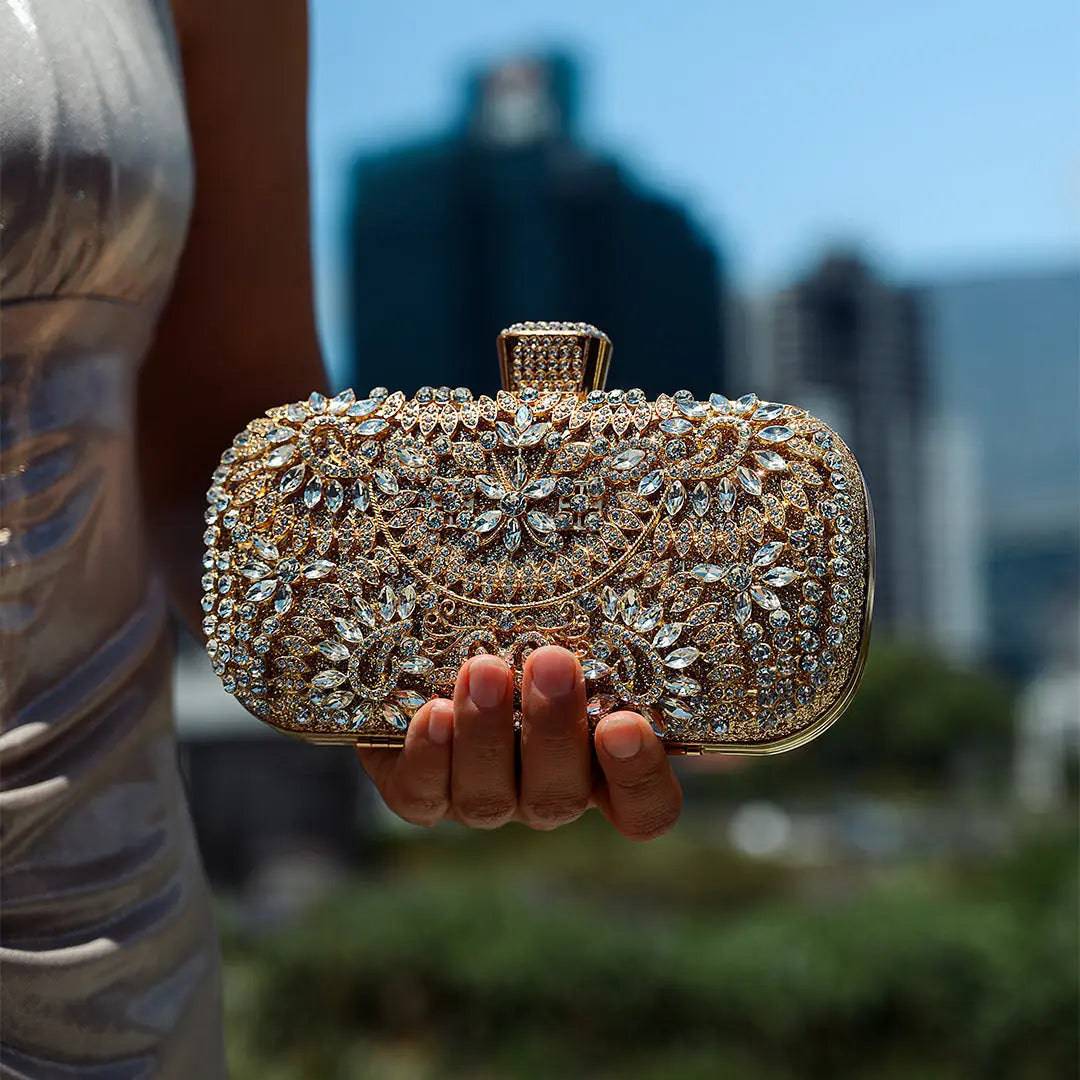 Anastasia | Gold Crystal Embellished Evening Handbag – Royal Elegance