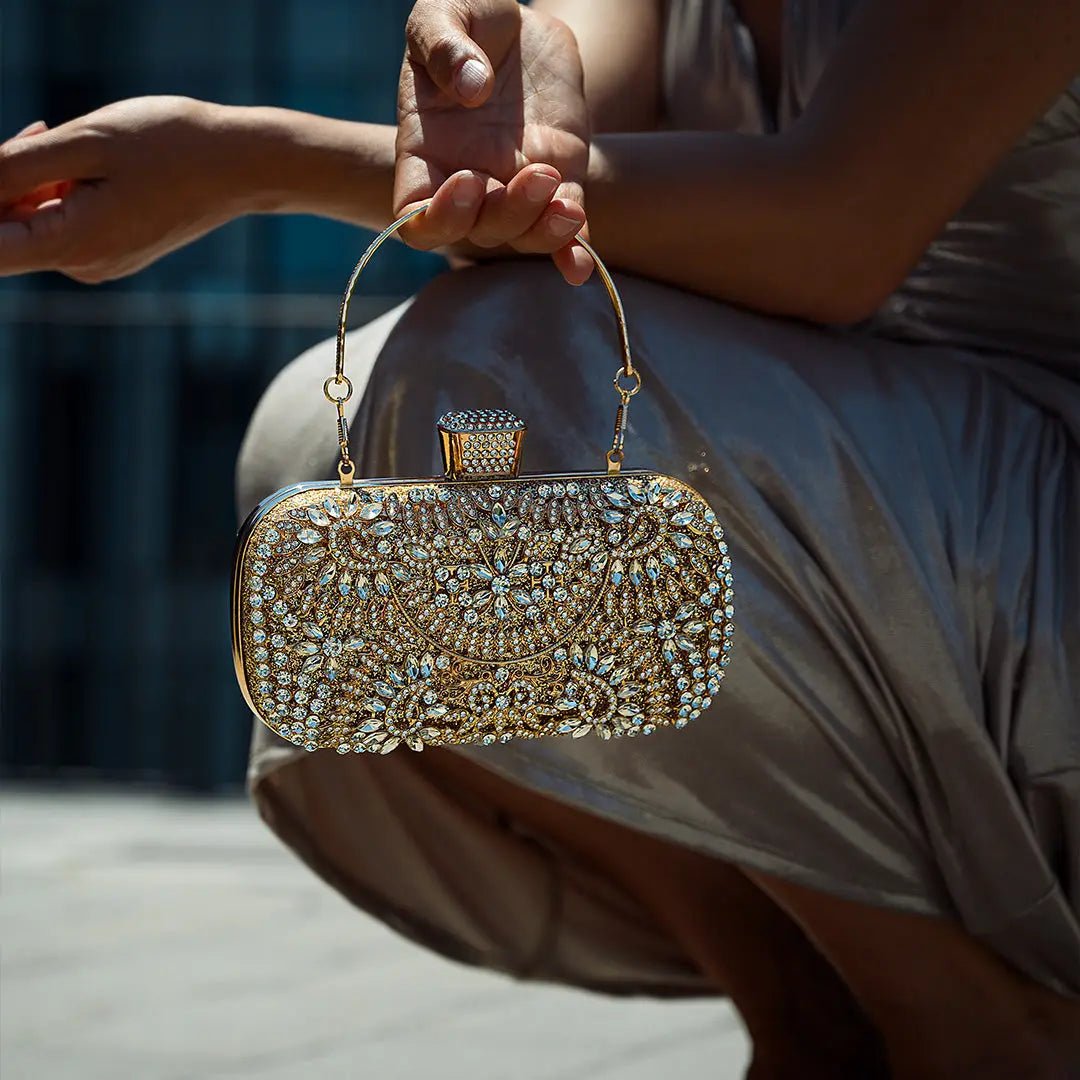 Anastasia | Gold Crystal Embellished Evening Handbag – Royal Elegance
