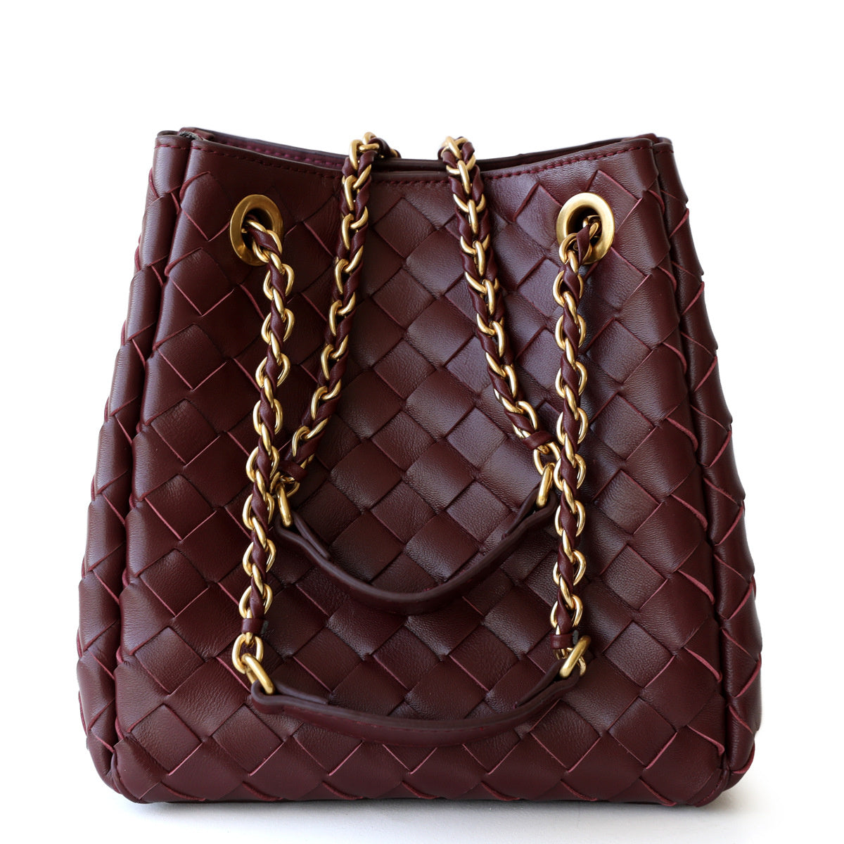 Zerina | Burgundy Woven Leather Chain Tote – Bold & Sophisticated