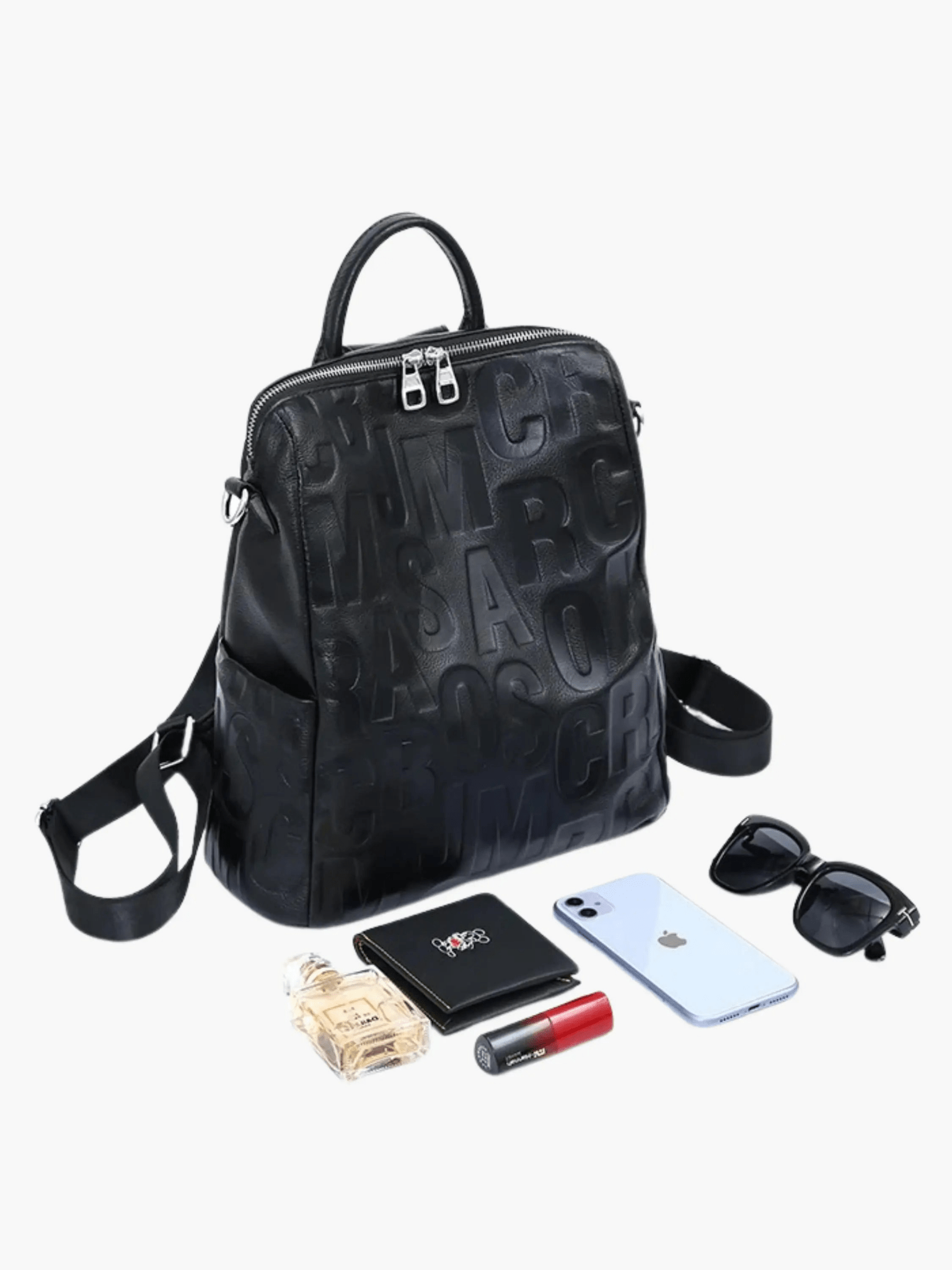 Sylvaya | Embossed Black Leather Backpack – Bold & Urban