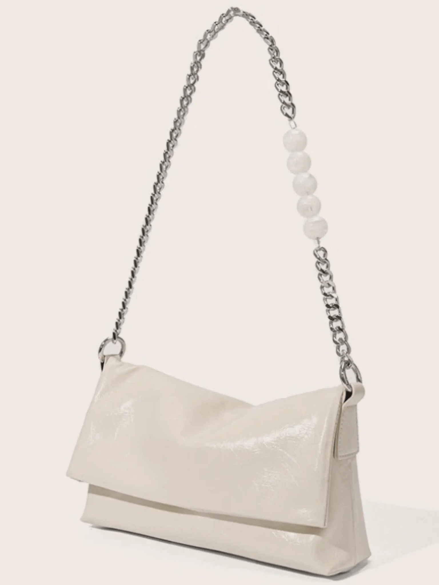 Xelara | Pearl & Chain Accent Foldover Shoulder Bag – Minimalist Elegance