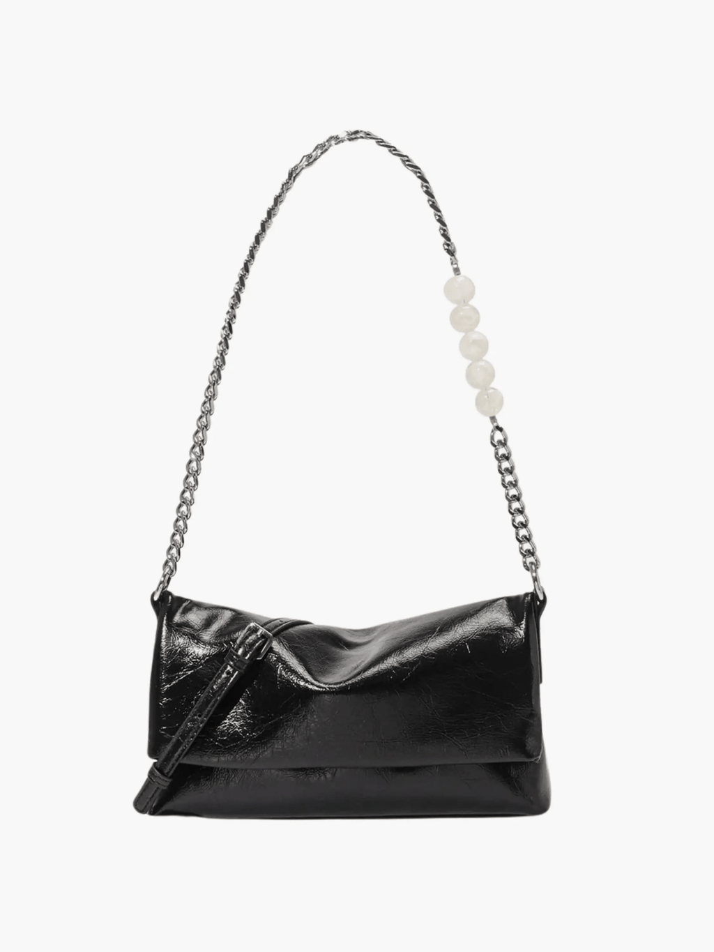 Xelara | Pearl & Chain Accent Foldover Shoulder Bag – Minimalist Elegance
