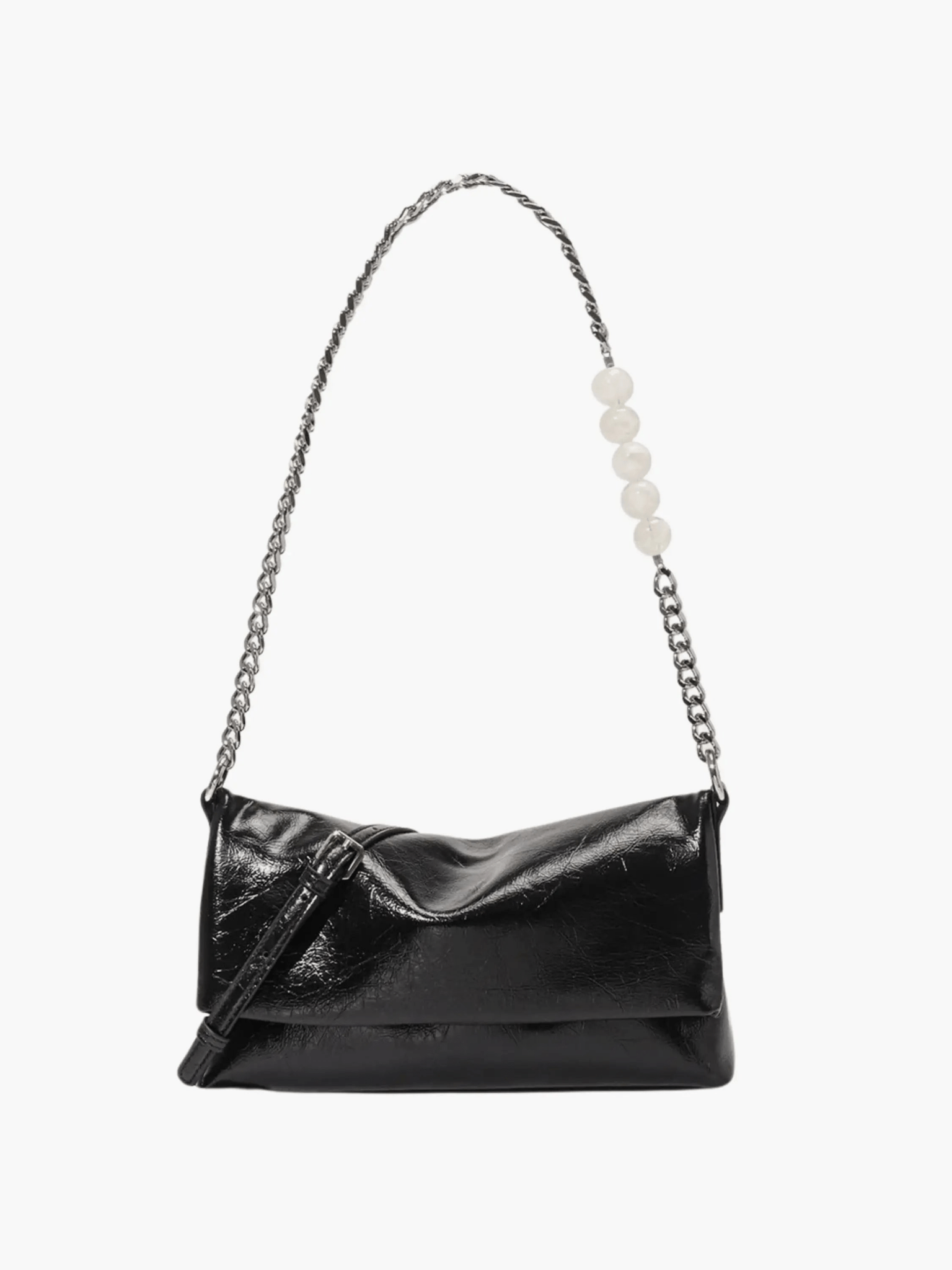 Xelara | Pearl & Chain Accent Foldover Shoulder Bag – Minimalist Elegance