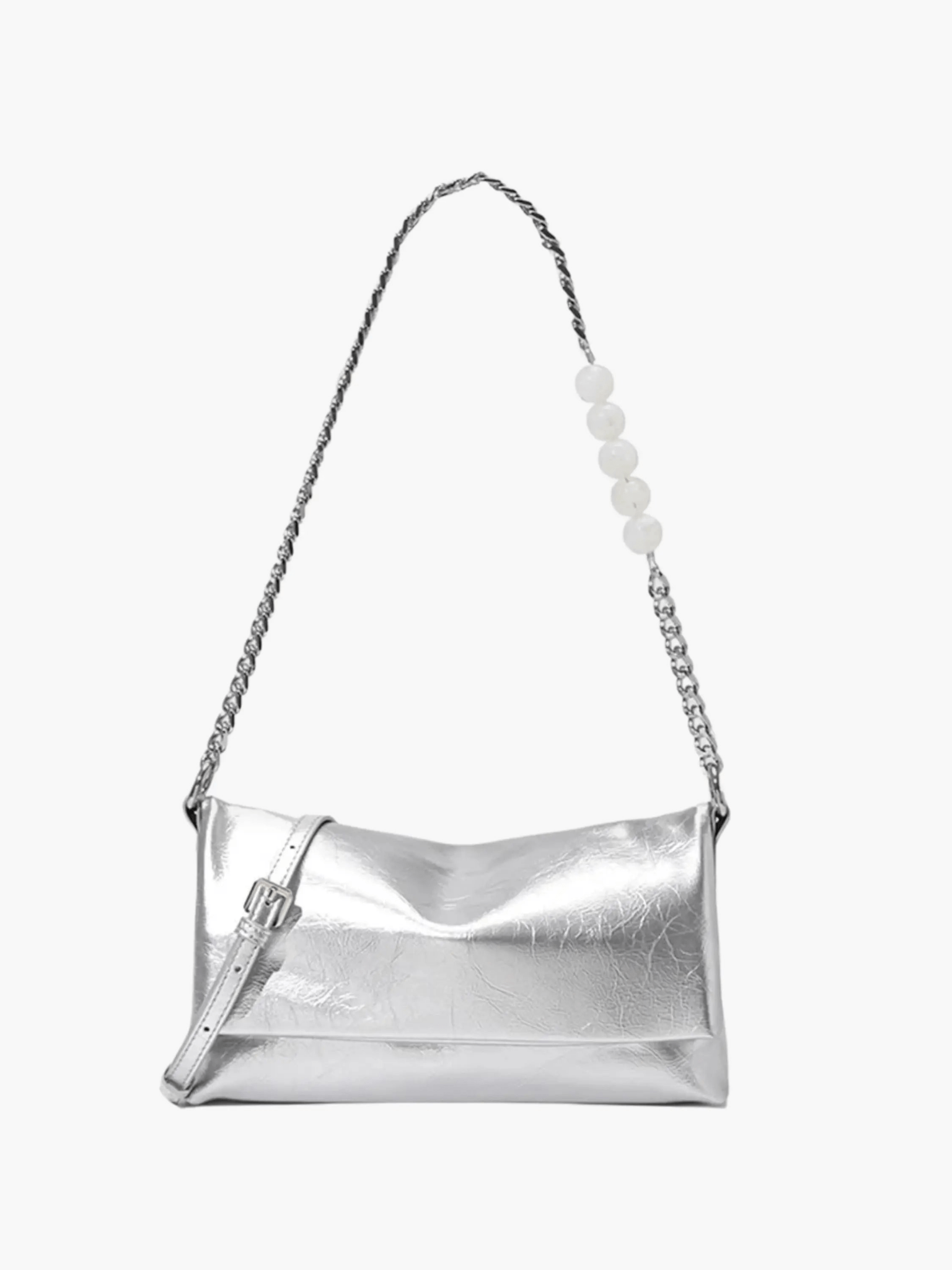 Xelara | Pearl & Chain Accent Foldover Shoulder Bag – Minimalist Elegance