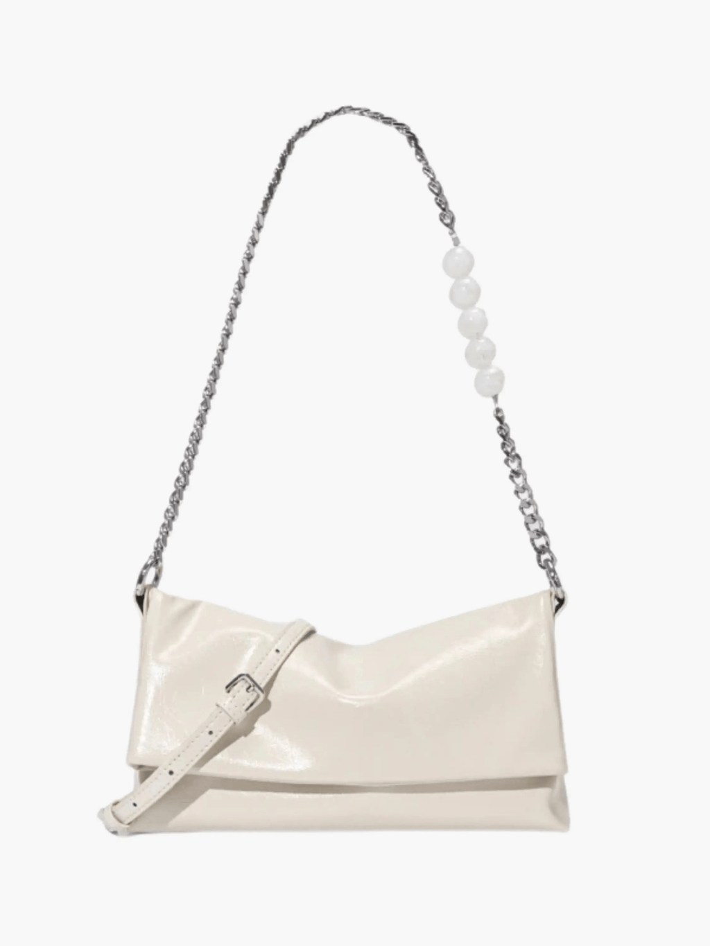 Xelara | Pearl & Chain Accent Foldover Shoulder Bag – Minimalist Elegance